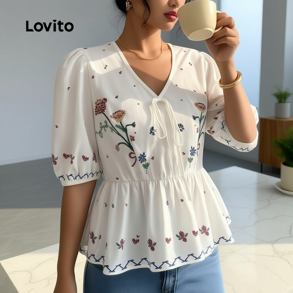 Lovito Blusa Delicada com Babados para Primavera/Verão Feminina LBL29343 em Oferta na Shopee