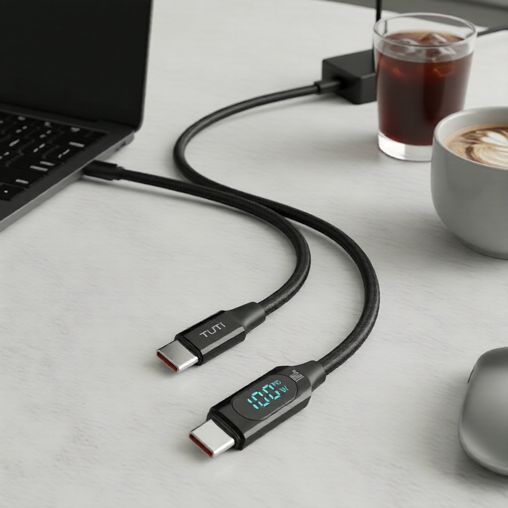 Cabo de Carregamento Rápido Trançado TUTI 100W/5A com Display LED USB-C para USB-C para iPhone 16/16 Pro/16 Pro Max,