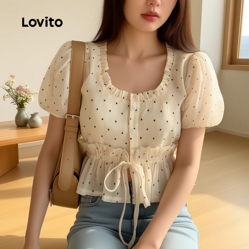 Lovito Refine Blusa Feminina de Renda para Primavera Verão Damasco LR21A061 em Oferta na Shopee