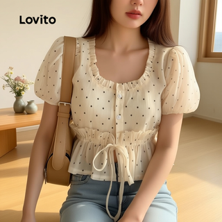 Lovito Refine Blusa Feminina de Renda para Primavera Verão Damasco LR21A061 em Oferta na Shopee