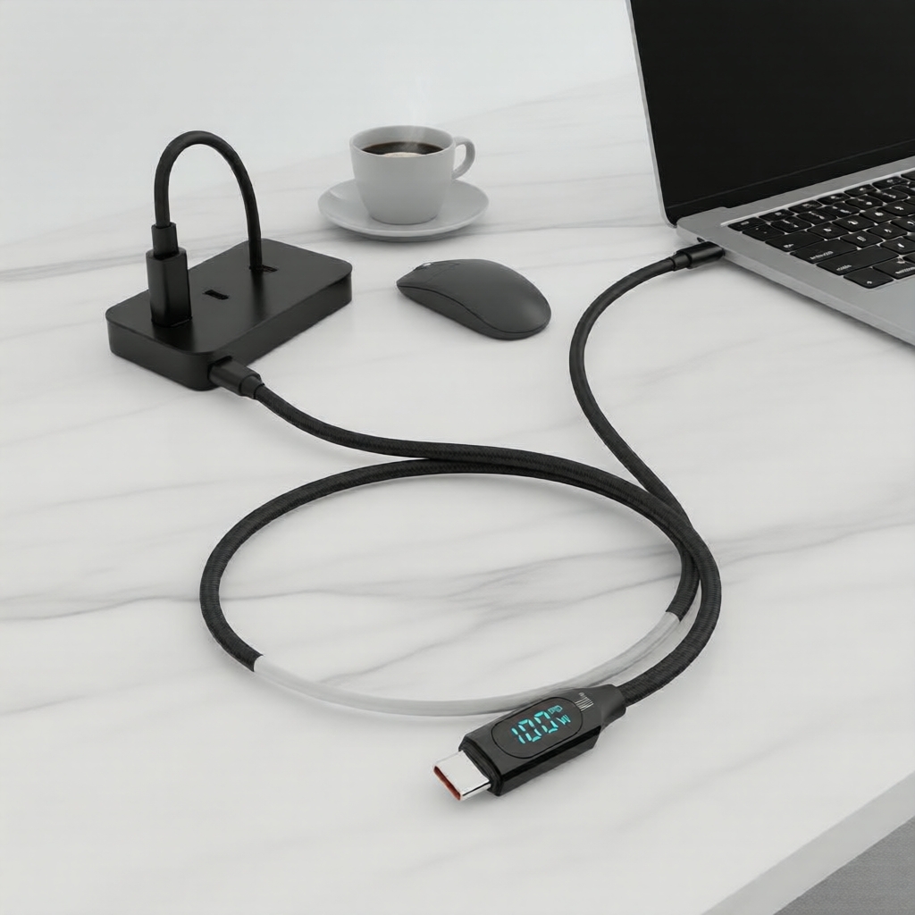 Cabo de Dados TUTI 100W/5A USB-C para USB-C Trançado com Display LED para iPhone 16/16 Pro/16 Pro Max, iPad, MacBook