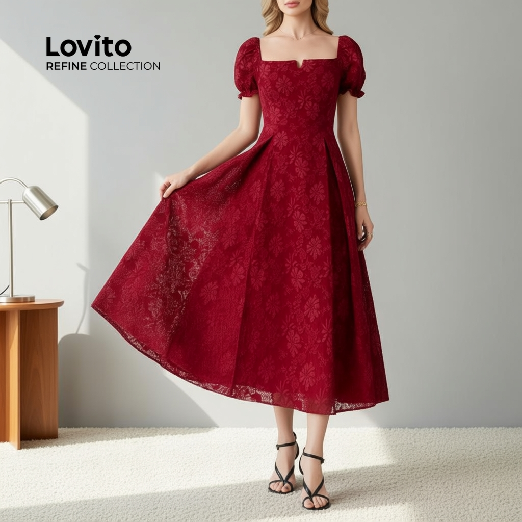 Lovito Refine Vestido Longo Luxo Elegante Primavera Verão Vermelho Com Zíper Para Mulheres LR23L063