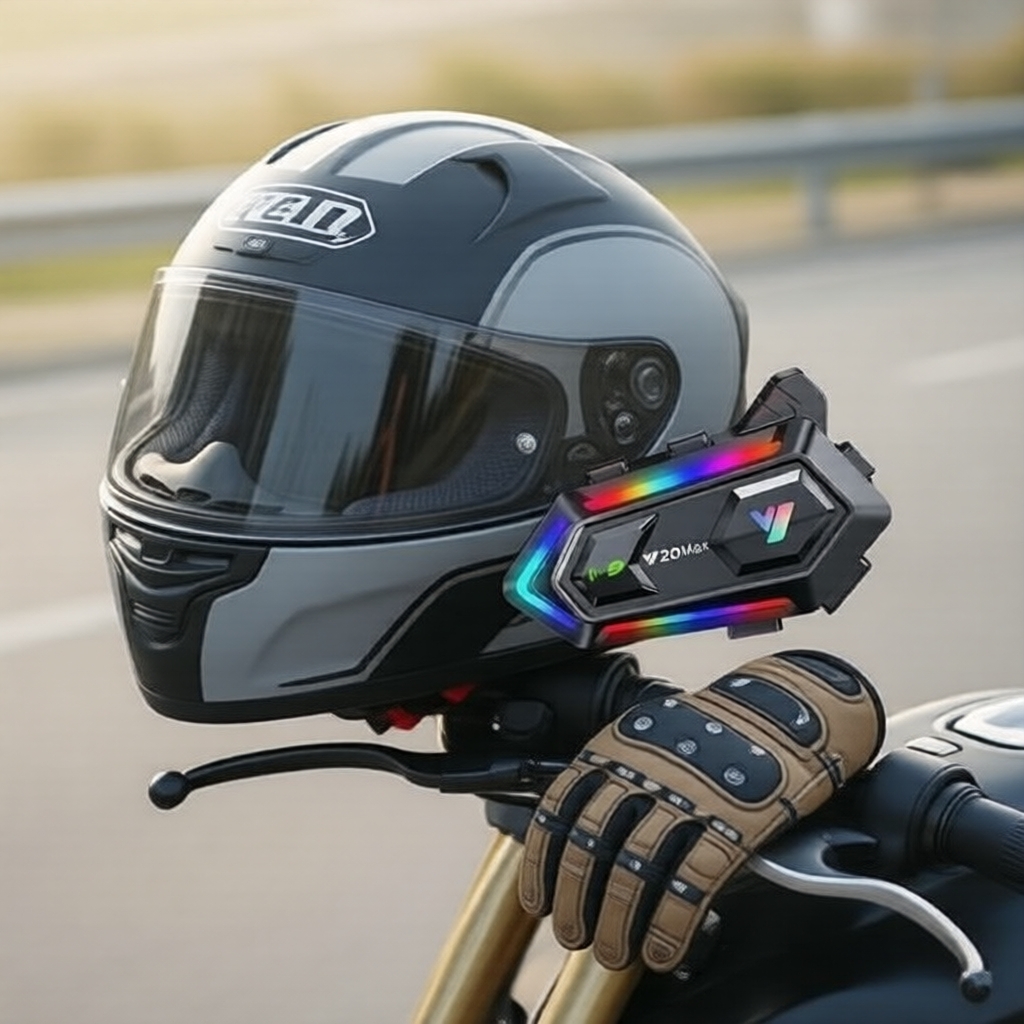 Fone de Ouvido Bluetooth para Capacete Y20 MAX para Motociclistas, Luzes RGB, Intercomunicador, Bateria de 1000mAh, V5.3