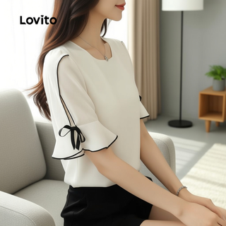 Lovito Refine Blusa Feminina de Primavera Verão com Laço em Cores Blocos Damasco L158ED786 em Oferta na Shopee