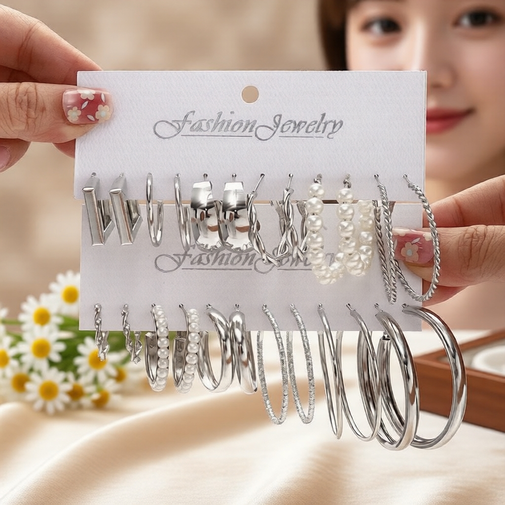 Conjunto Elegante de Brincos Pendentes com Pérola Prateada, 6 ou 12 Pares para Mulheres