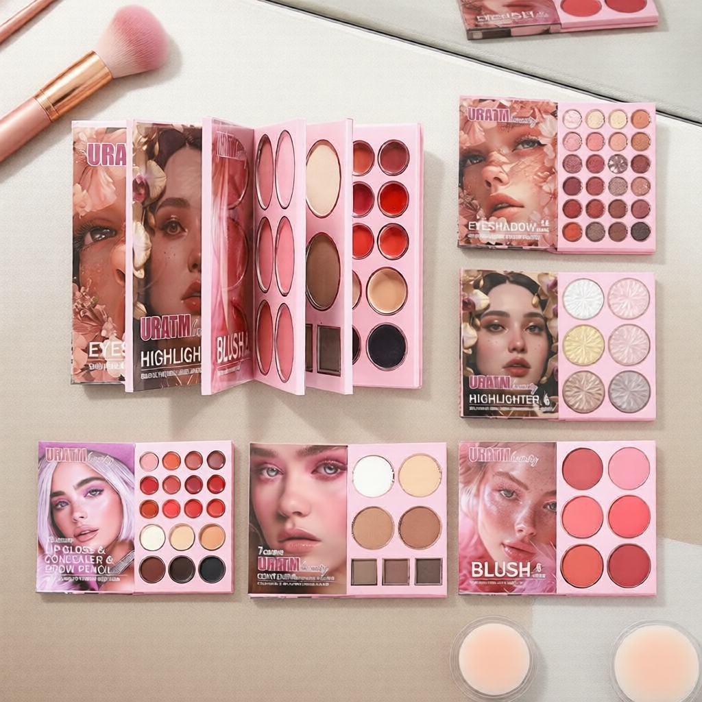 Livro de Maquiagem 5 Camadas Rosa: Paleta Completa de Sombra, Blush, Contorno, Sobrancelha e Batom