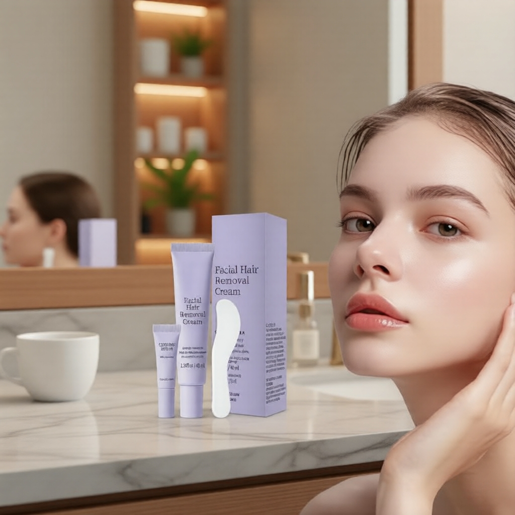 Kit Creme Depilatório Facial Sem Dor - Para Buço, Queixo e Pelos Finos, Seguro para Pele Sensível - Creme 40ml & Sérum