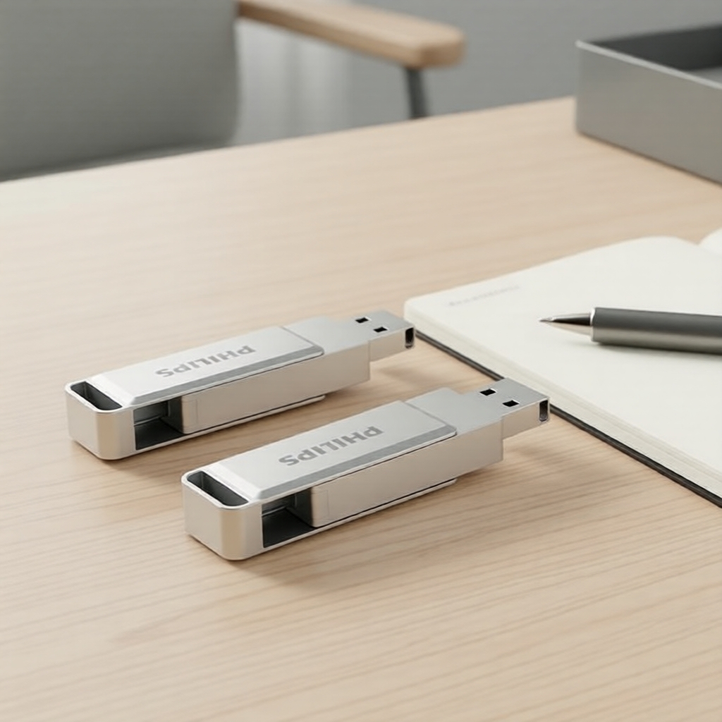 Philips Pendrive OTG com portas USB-C e USB-A, design giratório, cinza prata, 2 em 1
