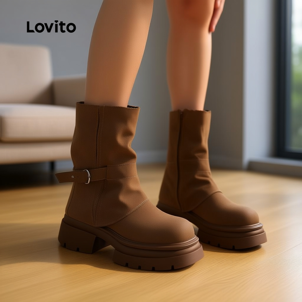 Lovito Botas Casuais Plicadas para Mulheres LFA97045 em Oferta na Shopee