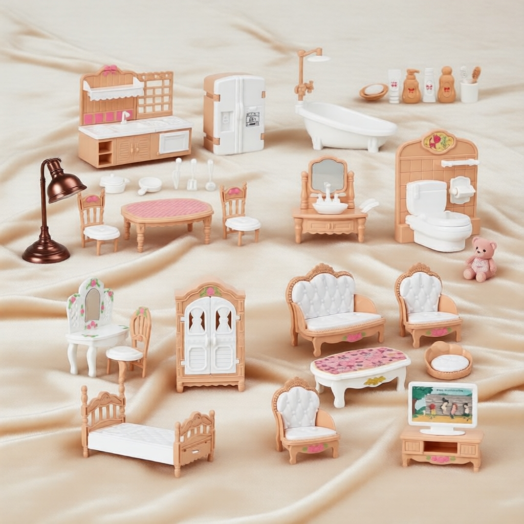 Móveis em Miniatura Fofos para Casa de Bonecas: Brinquedo de Cozinha e Sala de Estar Infantil com Sofá, Poltrona, TV –