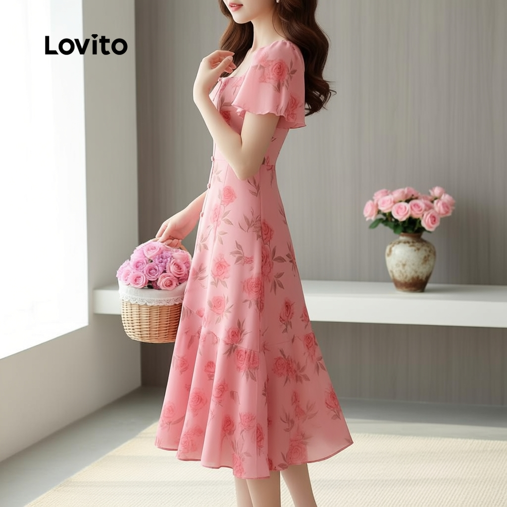 Lovito Vestido feminino com babados em rosa para primavera verão LBL30243 em Oferta na Shopee