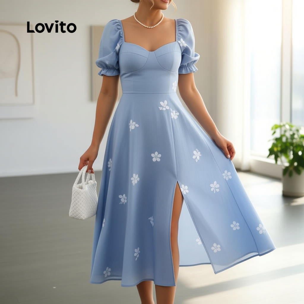 Lovito Vestido Feminino Azul Estilo Boho Evangélico Com Abertura Para Primavera Verão LBL30083 em Oferta na Shopee