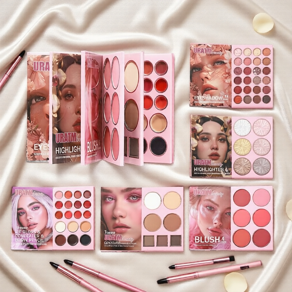 Livro de Maquiagem Rosa 5 Camadas Paleta Profissional, Sombra, Blush, Contorno, Argila para Sobrancelhas & Batom
