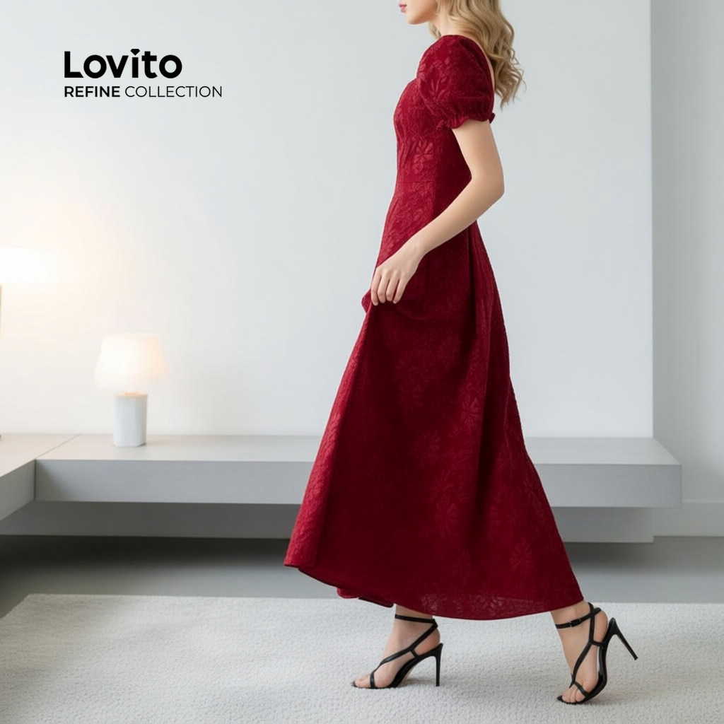 Lovito Refine Vestido Longo Luxo Elegante Primavera Verão Vermelho Com Zíper Para Mulheres LR23L063