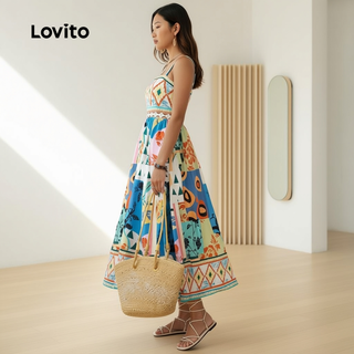 Lovito Refine Vestido Boho Plissado Feminino Primavera Verão LBL30278 em Oferta na Shopee