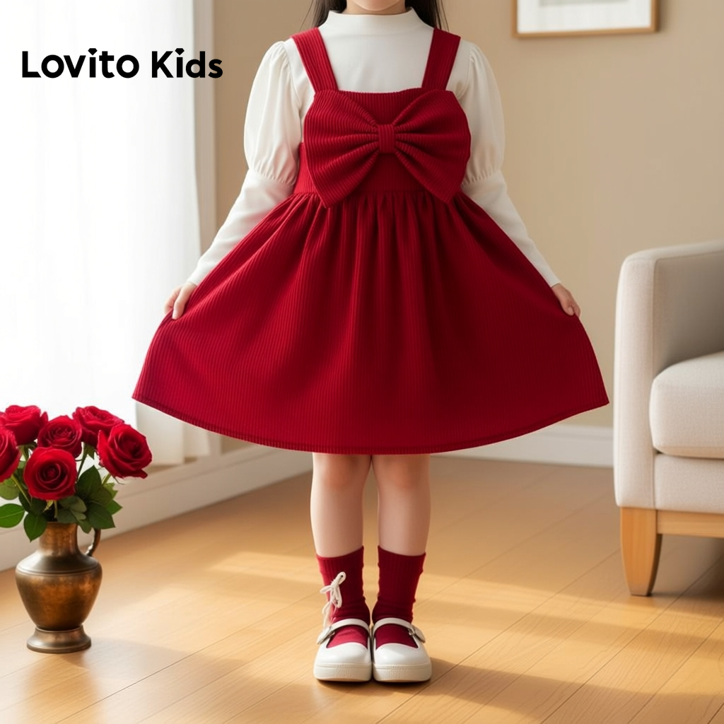 Lovito Refine Vestido Encantador Infantil com Laço para Menina em Vermelho LNL123266