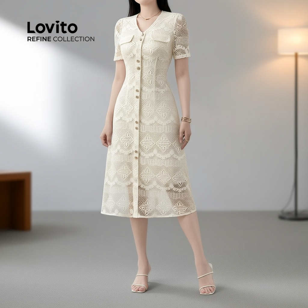 Lovito Refine Vestido Branco Elegante com Botão para Mulheres LR23E427 em Oferta na Shopee