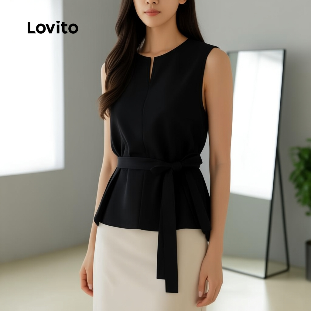 Lovito Blusa Sofisticada com Laço Frontal para Primavera/verão Camisa Feminina Preta LBL29373 em Oferta na Shopee