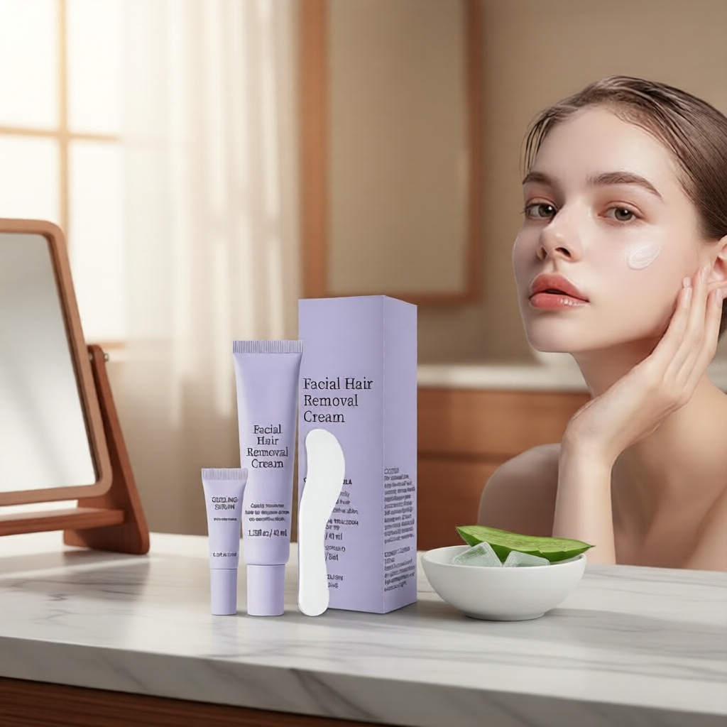 Creme Depilatório Facial Suave e Indolor - Para Pele Sensível, Buço, Queixo e Pelos Finos - Creme 40ml e Sérum de Aloe