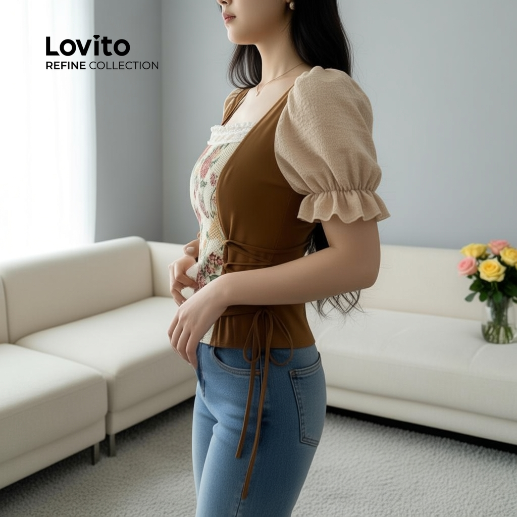 Lovito Refine Blusa Feminina Boho em Tecido com Costura em Bloco para Primavera/Verão LR23E002 em Oferta na Shopee