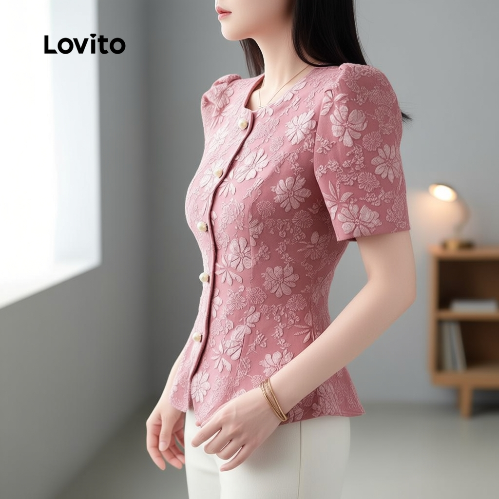 Lovito Refine Blusa Feminina Elegante Jacquard com Botões Frente Primavera/Verão Rosa LR23E412