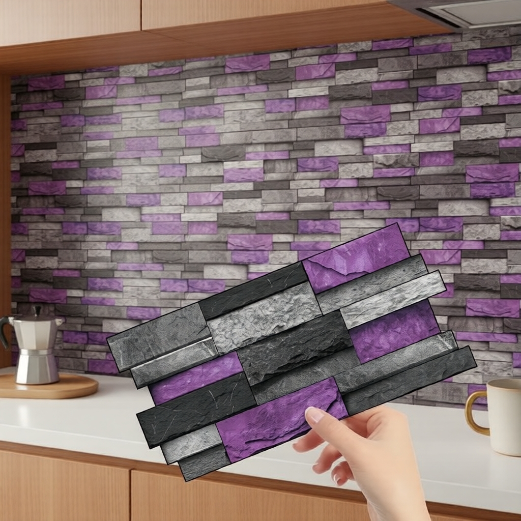 Azulejos Autoadesivos Roxo Vintage para Cozinha e Lareira, PVC à Prova d'Água, Fácil Aplicação com 12 ou 24 Peças