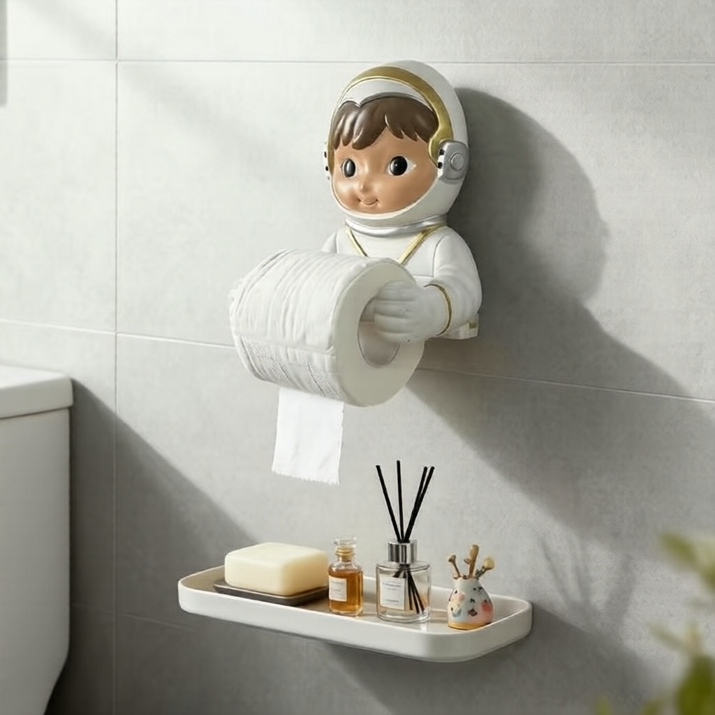 Suporte de papel higiênico 3D em resina de astronauta fofo, porta-papel de parede com tema espacial para banheiro