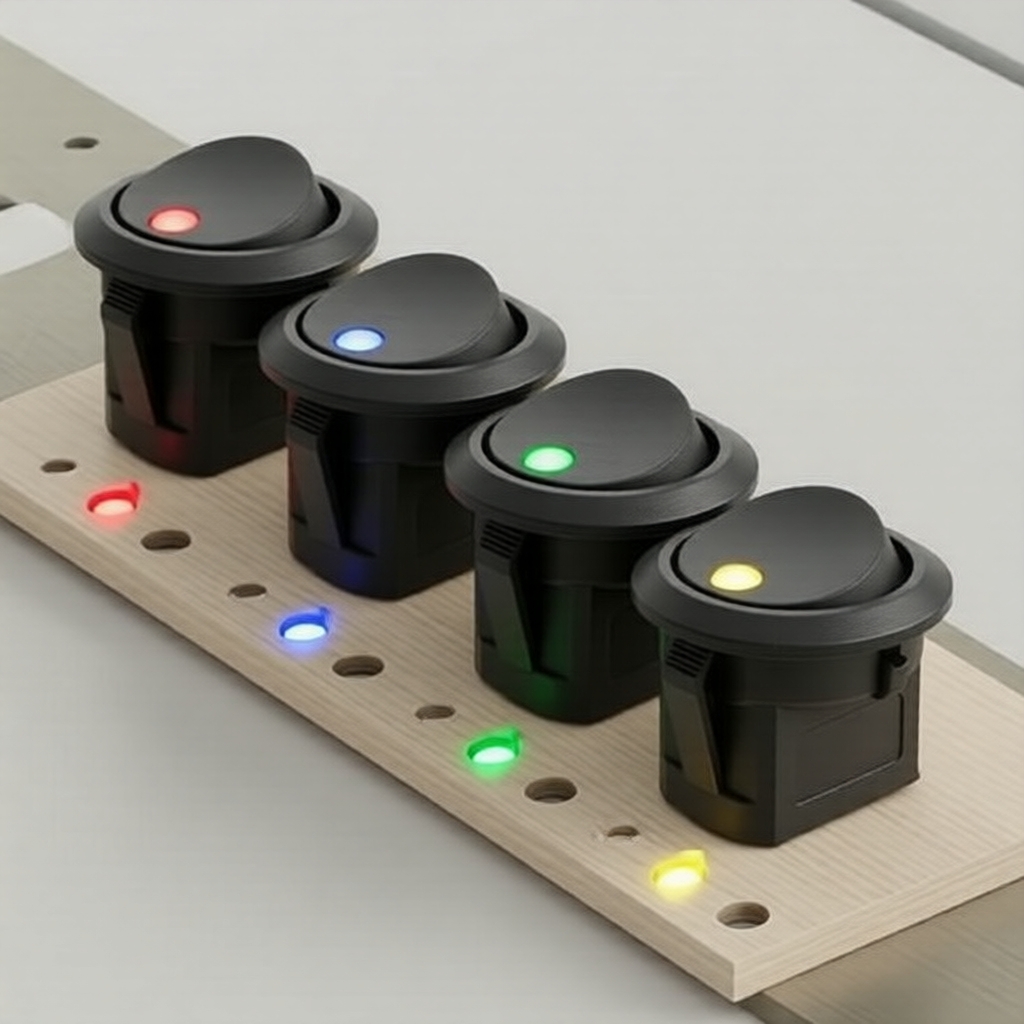 4 peças de interruptor de balanço redondo 2 posições 3 pinos 12V, SPST com LED pontual, ABS de encaixe, montagem em PCI,
