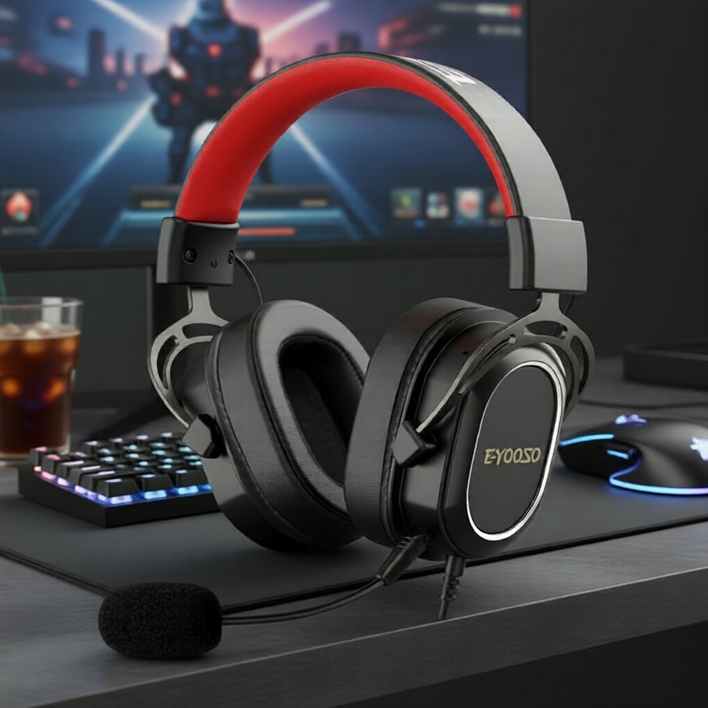 E-YOOSO H2722D Fones de Ouvido com Fio 3,5mm para Jogos, Som Surround com Microfone para PC PS4 Switch Xbox-One