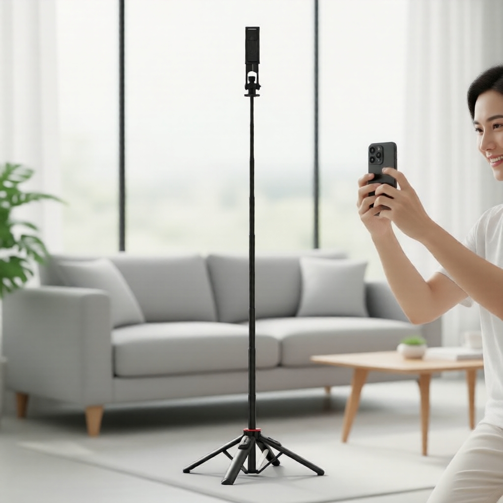 Tripé de celular versátil e bastão de selfie com rotação 360°, suporte removível, resistente, ideal para streaming e