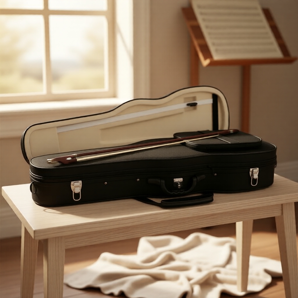 Estojo Rígido Quadrado 4/4 para Violino, Tecido Oxford Preto, Espuma, com Higrômetro e Trava