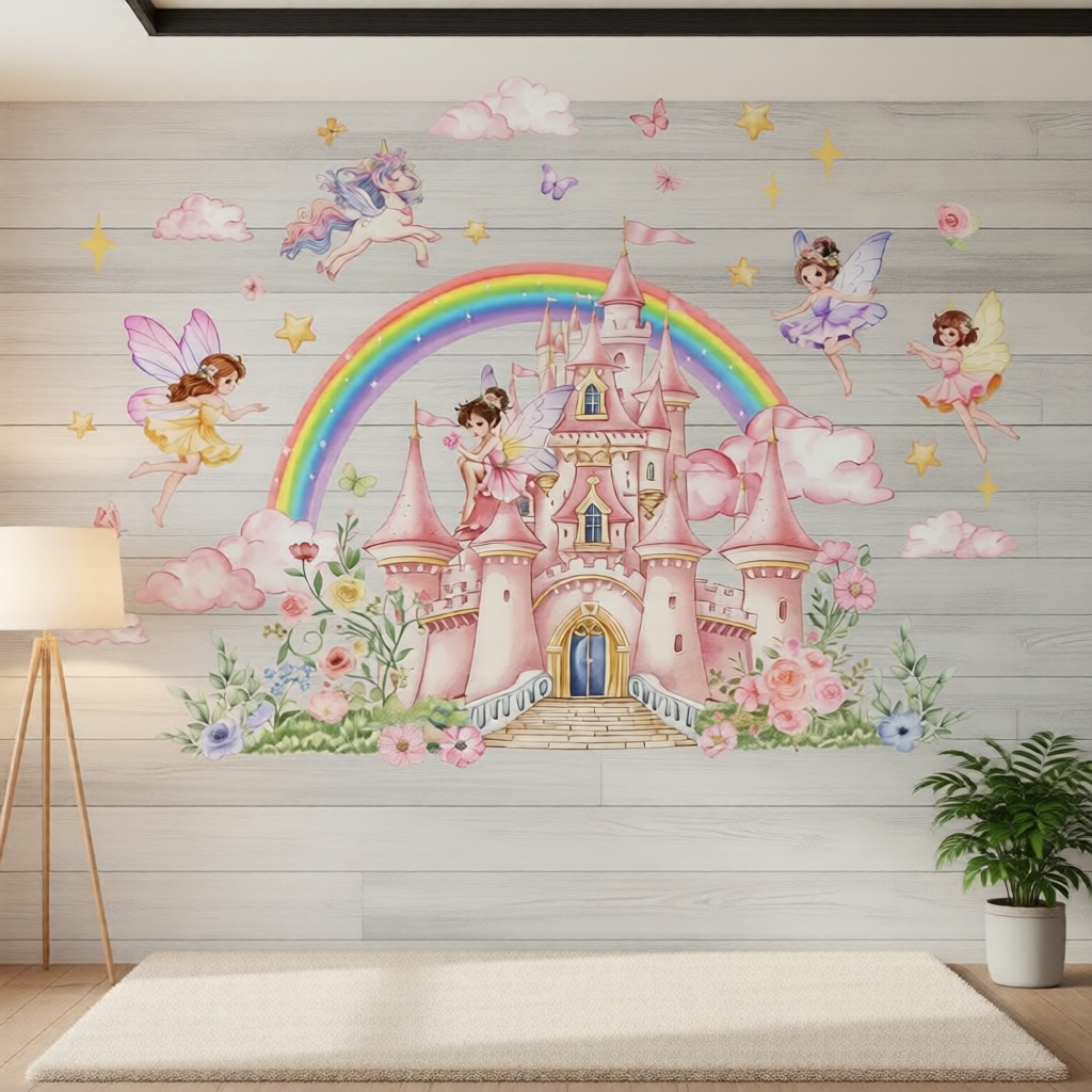 Adesivos de Parede com Tema de Conto de Fadas de Três Folhas, 30x90cm cada, Design de Castelo Arco-Íris