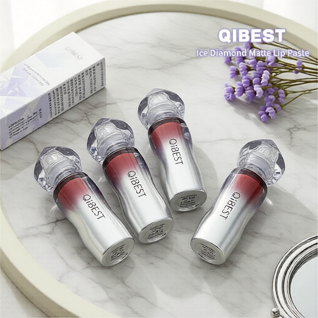 Lama labial Qibest Ice Diamond, textura aveludada matte, ilumina e dura o dia todo com fórmula que não transfere