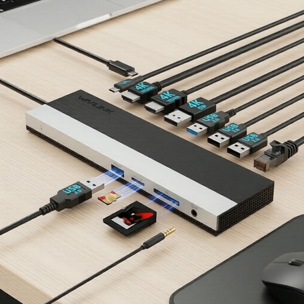 Dock USB-C WAVLINK de 12 portas 4K 60Hz DP HDMI, Power Delivery 100W, USB 2.0/3.0, Leitor de cartões SD/TF, Ethernet