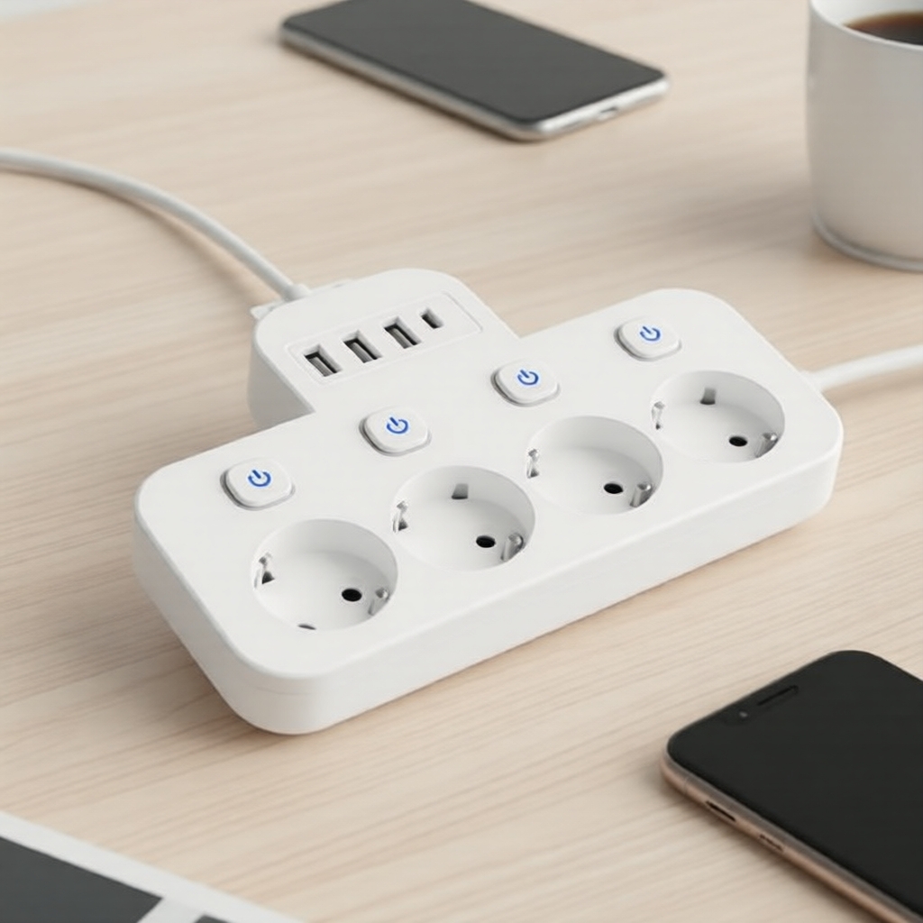 Tira de energia europeia de 8 tomadas com 4 tomadas, 3 USB-A e C, plugue europeu, interruptores individuais, cabo de