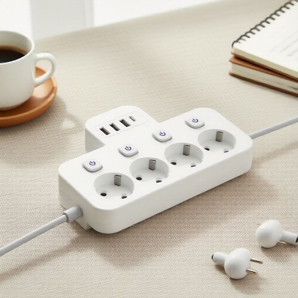 Tomada de energia 8 em 1 da UE, 4 tomadas AC, 3 USB-A & USB-C, interruptores individuais, plugue europeu, extensão de