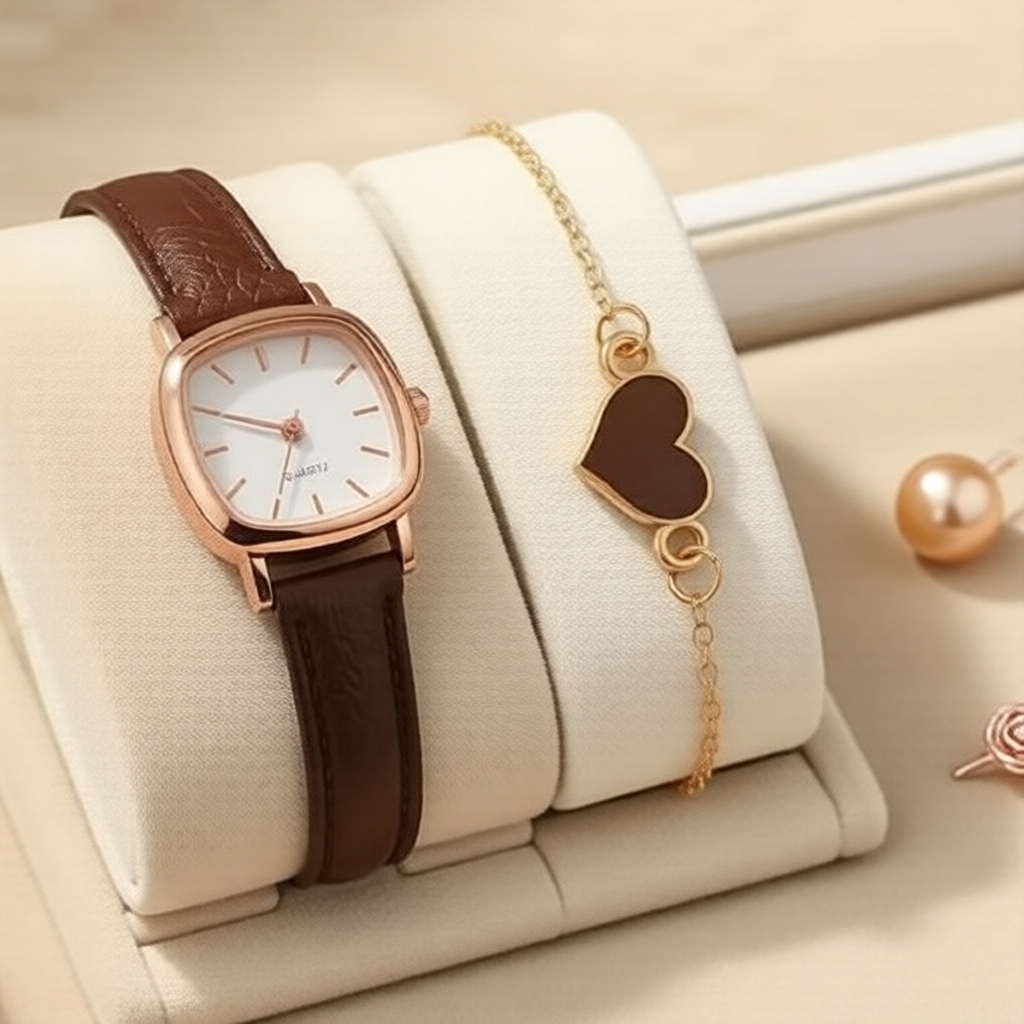 Conjunto de 2 peças: Relógio digital quadrado feminino e conjunto de pulseira com pingente de coração, estilo fofo