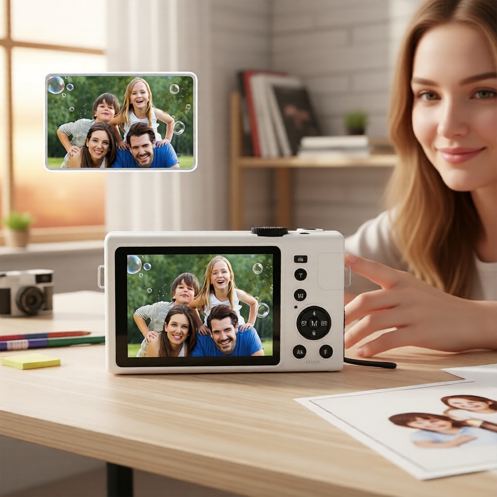 Câmera Digital Branca 1080P 48MP Tela IPS 3 Cartão de Memória 32GB Zoom Digital 16X Autofoco Reconhecimento Facial