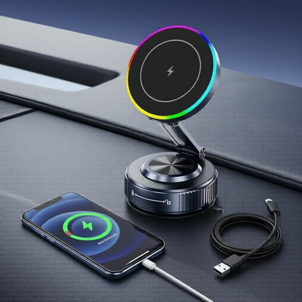 Suporte magnético para carro giratório 360° 15W, ventosa, carregamento rápido sem fio para iPhone e smartphones