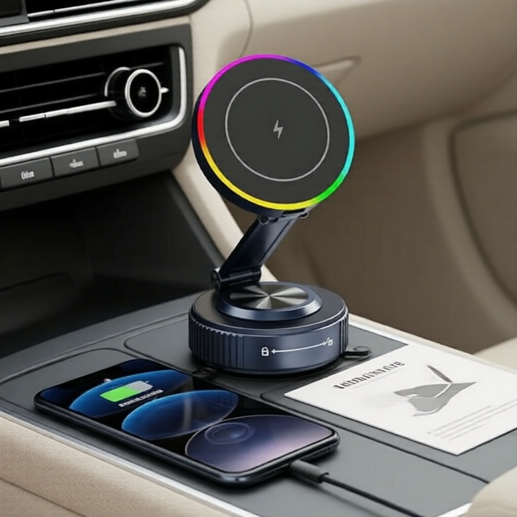 Carregador de Carro Sem Fio a Vácuo 15W, Suporte Magnético, Ajustável 360°, para iPhone e Smartphones