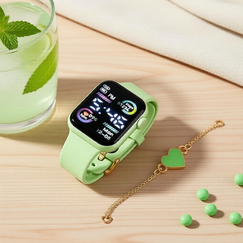 Conjunto de 2 Relógios Digitais Infantis, Pulseira de Silicone Macio, Pulseira em Formato de Coração, Ideal para a
