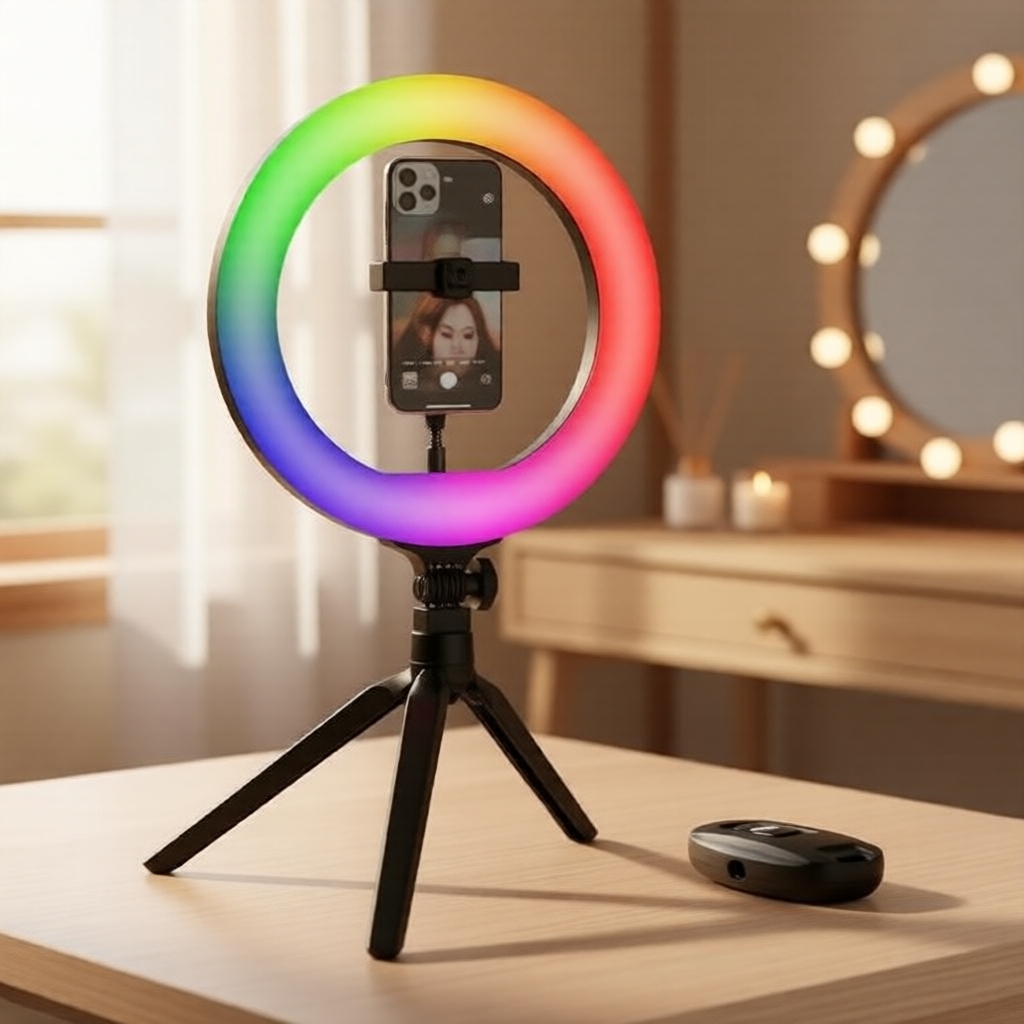 Luz de anel RGB de 10 polegadas para mesa com controle remoto Bluetooth, ideal para transmissões ao vivo de beleza,