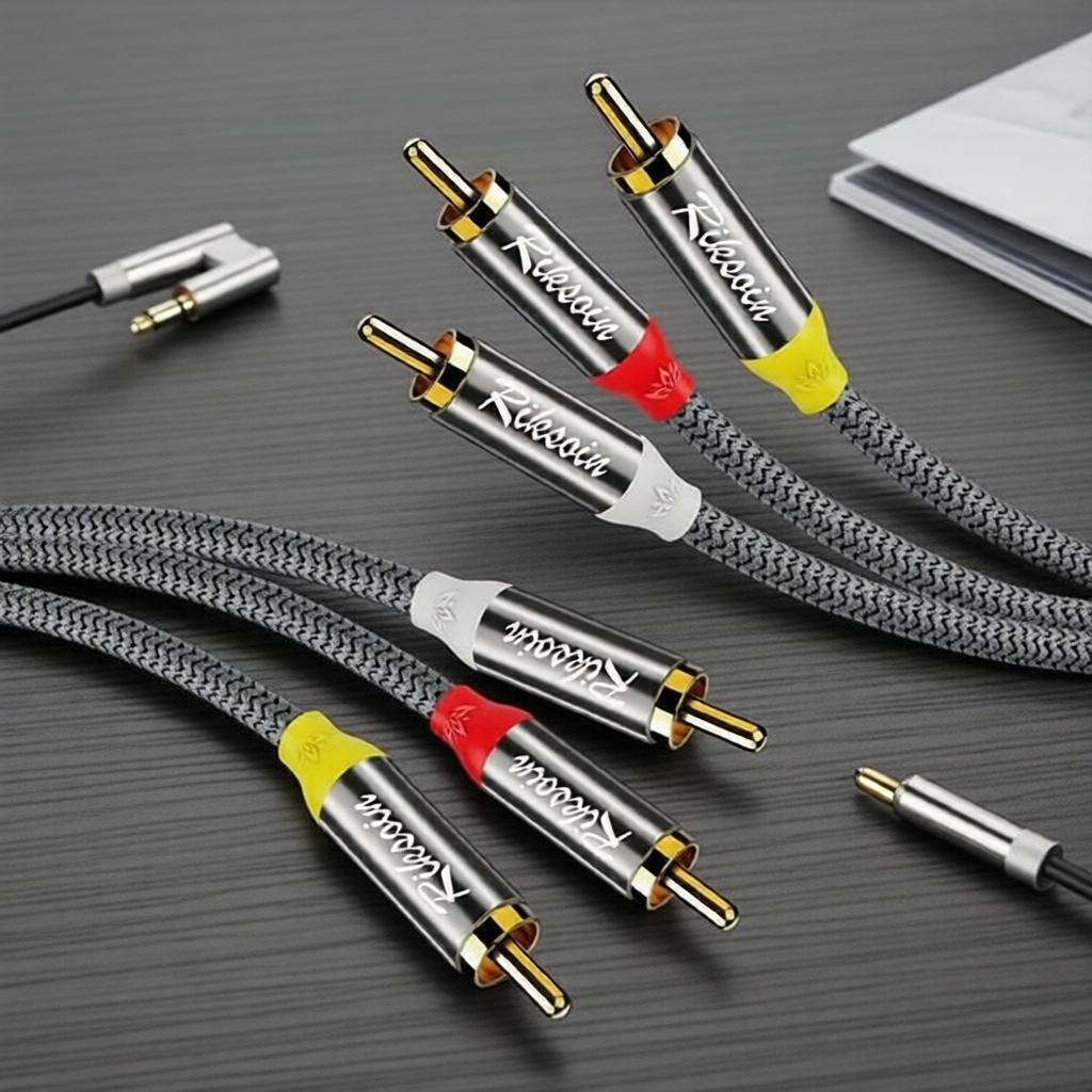 Riksoin Cabo AV 3RCA de Nylon trançado 2m para amplificador de alto-falante, DVD Player e caixa de som HI-FI