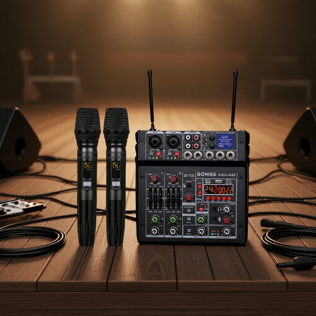 4 canais, BOMGE 04E, mesa de karaokê com MP3 Bluetooth e dois microfones UHF, som HiFi profissional 48V