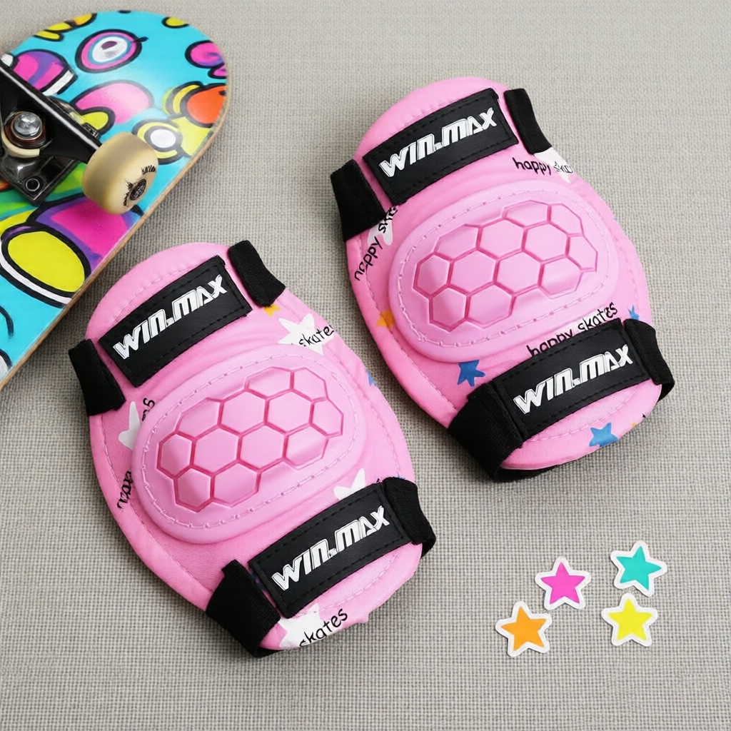 WINMAX Kids Kit de proteção para patins em linha de 6 peças com estrelas rosa: joelheiras, cotoveleiras e proteção para