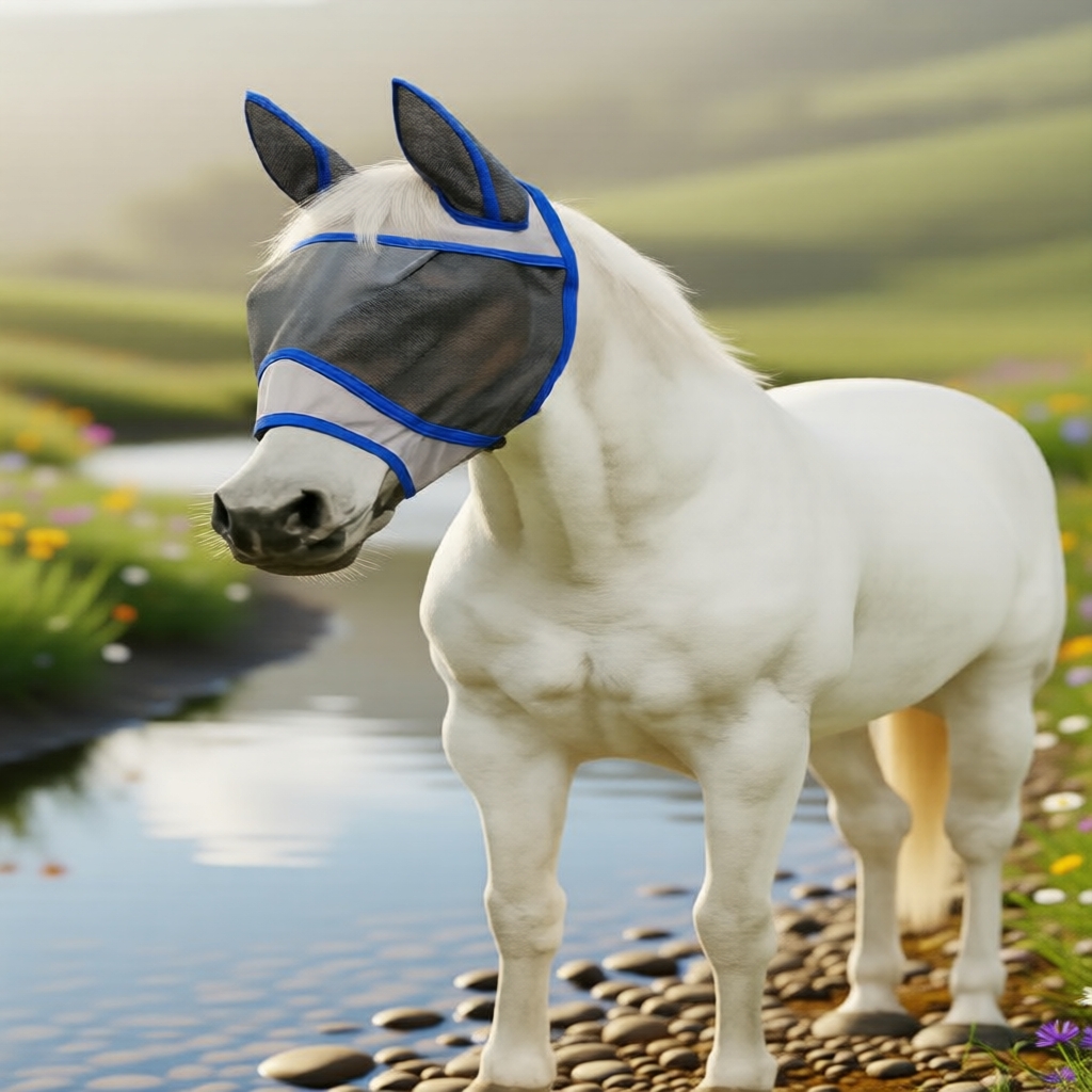 Máscara Anti-Mosquito e Cavalinha para Cavalos - Proteção Respiratória com Abas para Orelhas e Venda para Olhos