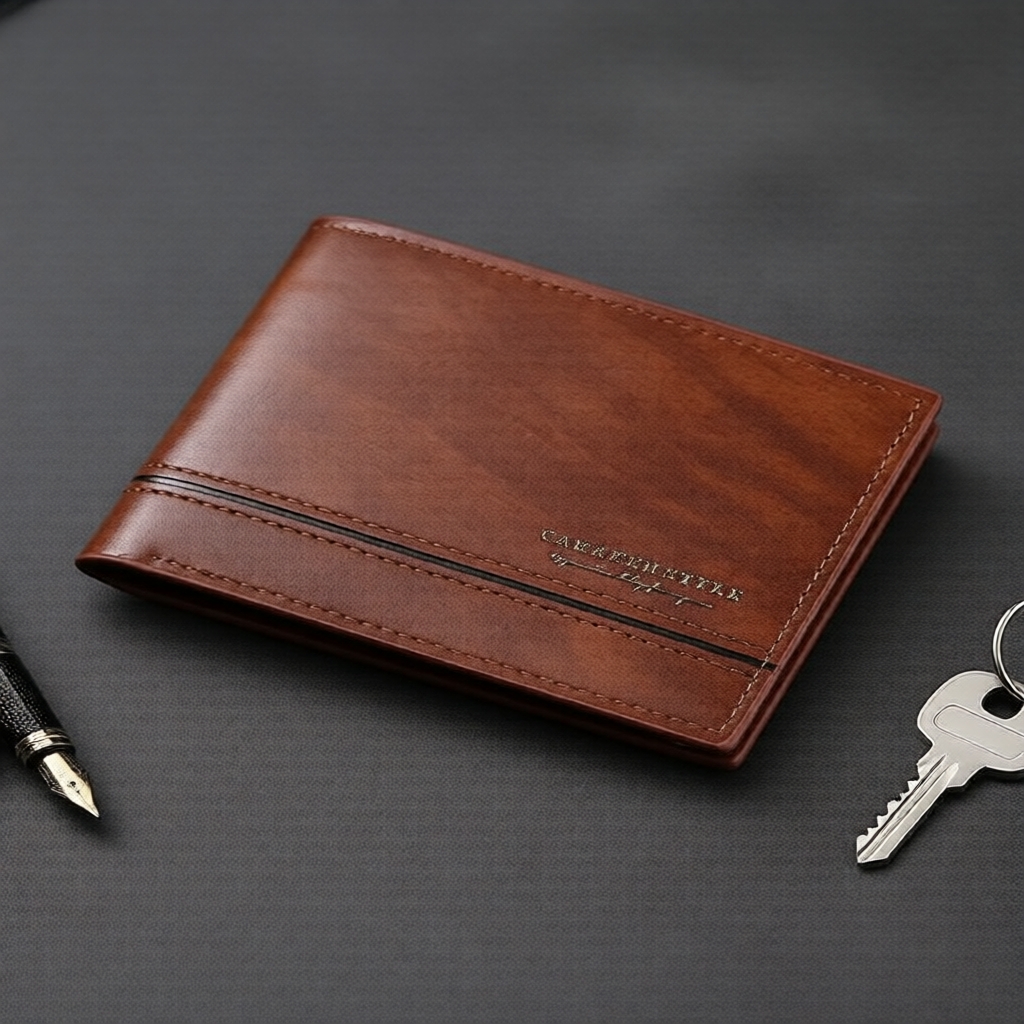 Carteira masculina curta bifold com bolso de moeda com zíper e múltiplos compartimentos para cartões