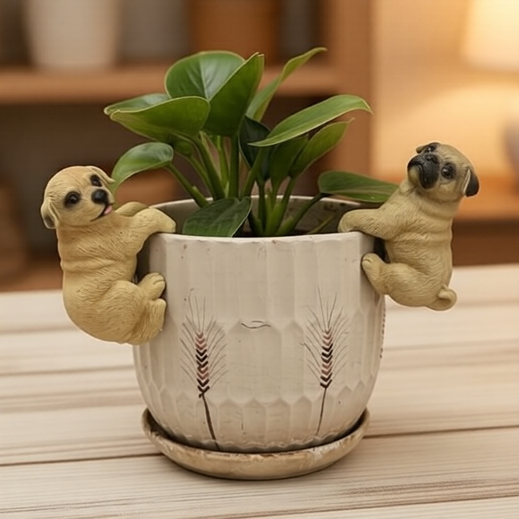 Cabide de Cachorro Divertido de Resina, Estatueta de Pug Labrador na Borda de Vaso de Flores, Enfeite de Animal para