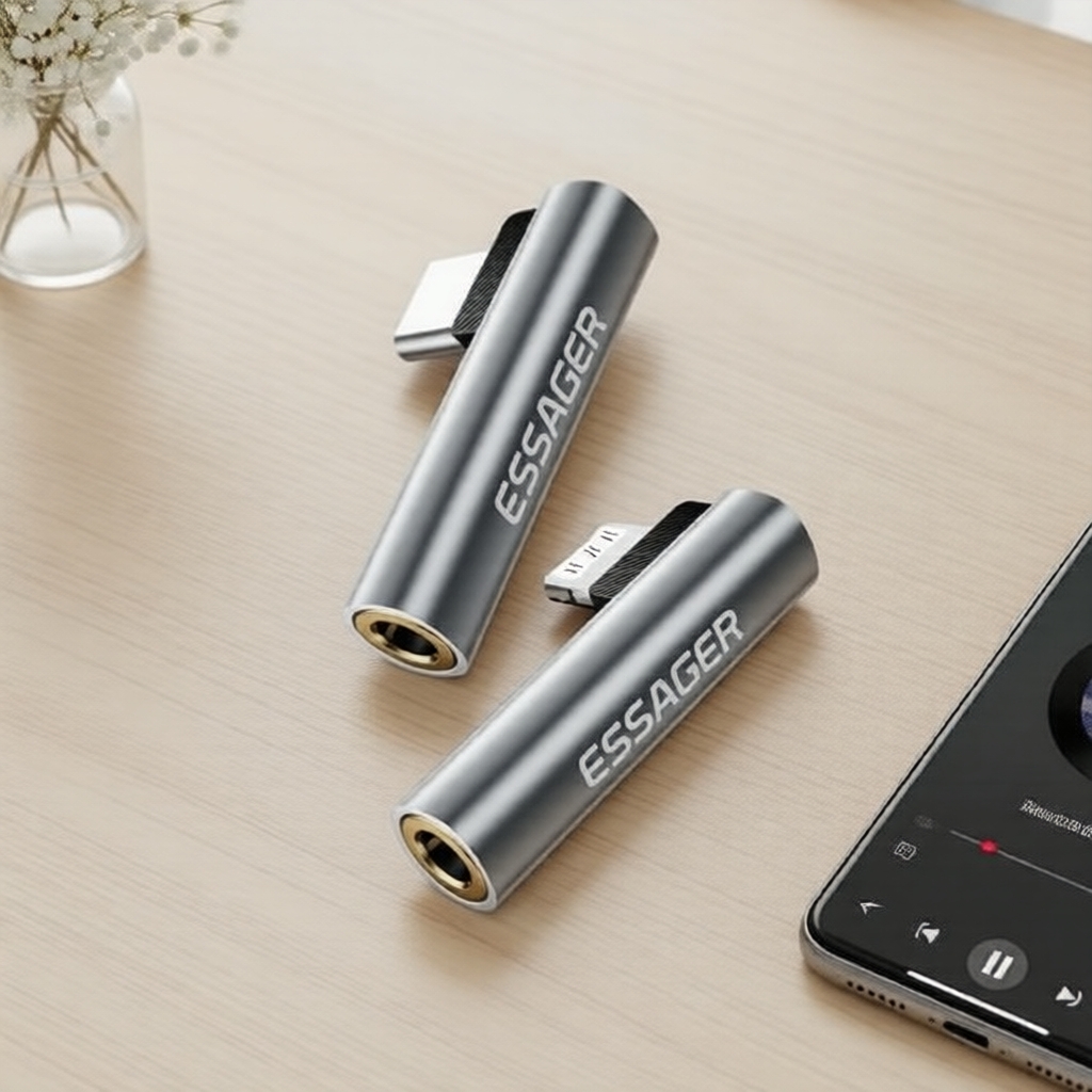 Essager L-Shape USB-C para adaptador auxiliar, fêmea 3,5 mm de áudio, plugue de 90° para telefones Huawei Type-C
