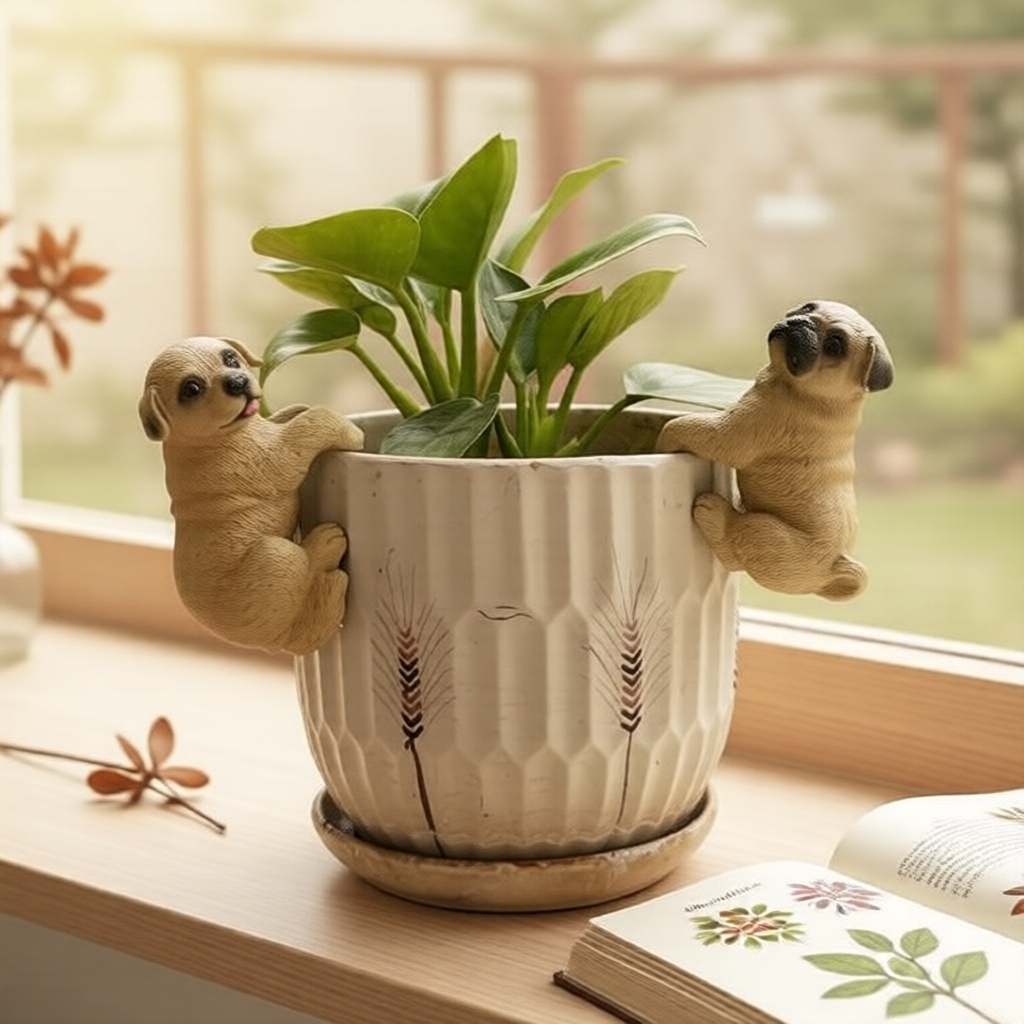 Encantadora Estátua de Pug Labrador de Resina, Vaso Suspenso com Borda Decorativa, Enfeite de Animal para Ambientes